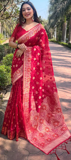 Party Wear, Reception, Traditional Pink and Majenta color Saree in Organza Silk fabric with Classic Weaving, Zari work : 1965338