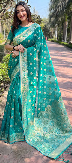 Party Wear, Reception, Traditional Green color Saree in Organza Silk fabric with Classic Weaving, Zari work : 1965339