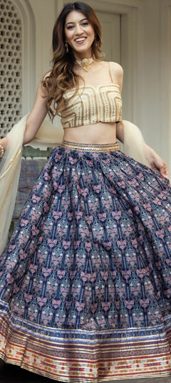 Festive, Party Wear, Reception Blue color Lehenga in Art Silk fabric with Flared Digital Print, Gota Patti work : 1965363