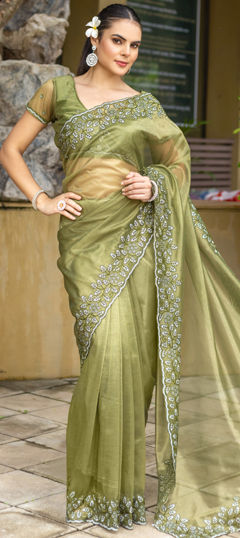 Green color Saree in Organza Silk fabric with Embroidered, Sequence, Thread work