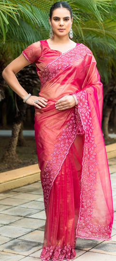 Pink and Majenta color Saree in Organza Silk fabric with Embroidered, Sequence, Thread work