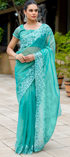 Blue color Saree in Organza Silk fabric with Embroidered, Sequence, Thread work