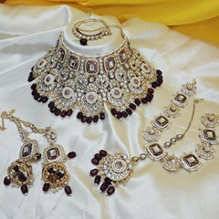 Gold Rodium Polish Red and Maroon color Necklace in Metal Alloy studded with CZ Diamond, Kundan, Pearl