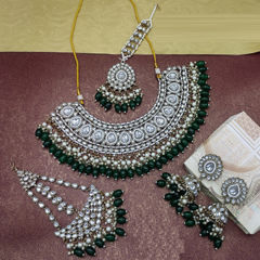 Gold Rodium Polish Green color Necklace in Metal Alloy studded with CZ Diamond, Kundan, Pearl