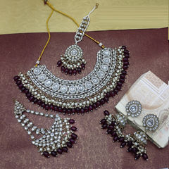 Gold Rodium Polish Purple and Violet color Necklace in Metal Alloy studded with CZ Diamond, Kundan, Pearl