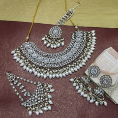 Gold Rodium Polish White and Off White color Necklace in Metal Alloy studded with CZ Diamond, Kundan, Pearl