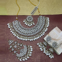 Gold Rodium Polish White and Off White color Necklace in Metal Alloy studded with CZ Diamond, Kundan, Pearl