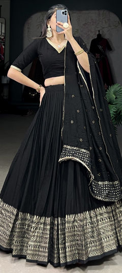 Festive, Party Wear Black and Grey color Lehenga in Chanderi Silk fabric with Flared Weaving, Zari work : 1965652