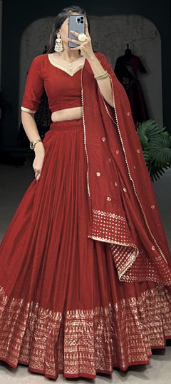 Festive, Party Wear Red and Maroon color Lehenga in Chanderi Silk fabric with Flared Weaving, Zari work : 1965655