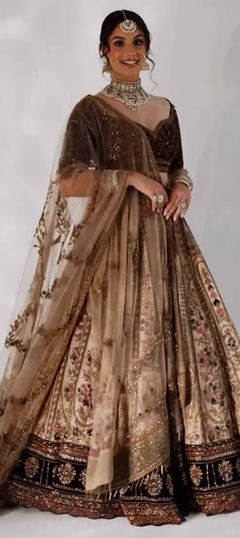 Beige and Brown color Lehenga in Silk fabric with Embroidered, Sequence, Thread work