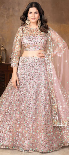 Bollywood, Festive, Party Wear Pink and Majenta color Lehenga in Net fabric with Flared Sequence, Thread work : 1965699