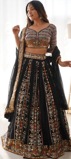 Festive, Party Wear Black and Grey color Lehenga in Faux Georgette fabric with Flared Sequence, Thread work : 1965701