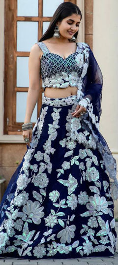 Festive, Party Wear Blue color Lehenga in Georgette fabric with Flared Sequence, Thread work : 1965702