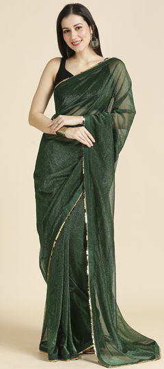 Green color Saree in Shimmer fabric with Lace work