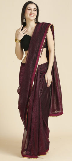 Red and Maroon color Saree in Shimmer fabric with Lace work