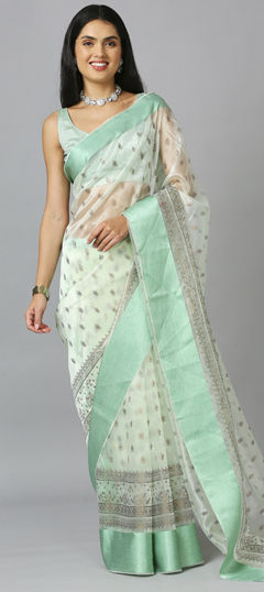 Green color Saree in Organza Silk fabric with Weaving work