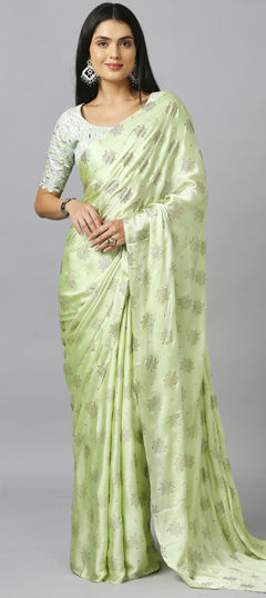 Green color Saree in Chiffon fabric with Thread work