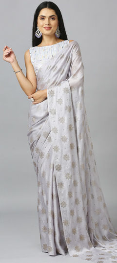 Black and Grey color Saree in Chiffon fabric with Thread work