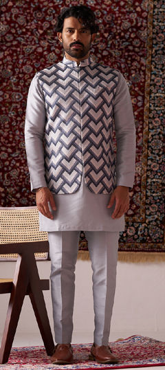 Black and Grey color Kurta Pyjama with Jacket in Silk fabric with Embroidered, Thread work