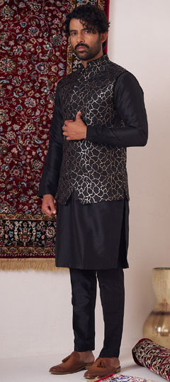 Black and Grey color Kurta Pyjama with Jacket in Silk fabric with Embroidered, Thread work