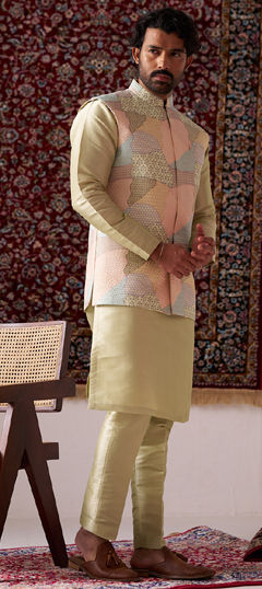 Yellow color Kurta Pyjama with Jacket in Silk fabric with Embroidered, Thread work