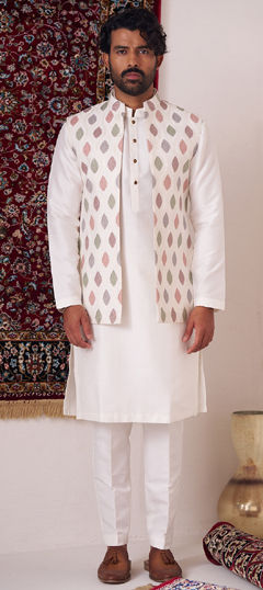 White and Off White color Kurta Pyjama with Jacket in Silk fabric with Embroidered, Thread work