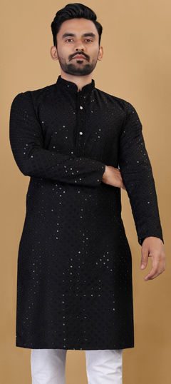 Black and Grey color Kurta in Cotton fabric with Embroidered, Sequence, Thread work