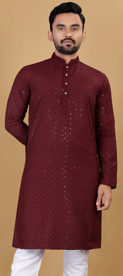 Red and Maroon color Kurta in Cotton fabric with Embroidered, Sequence, Thread work
