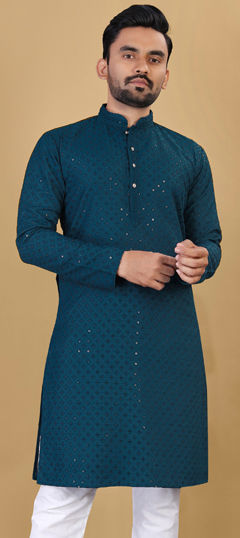 Blue color Kurta in Cotton fabric with Embroidered, Sequence, Thread work