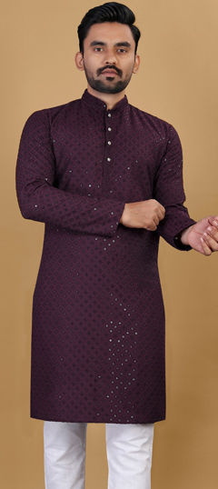 Purple and Violet color Kurta in Cotton fabric with Embroidered, Sequence, Thread work