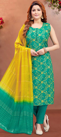 Festive, Party Wear Green color Salwar Kameez in Silk fabric with Straight Embroidered, Resham, Thread, Zari work : 1965800