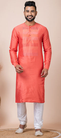 Orange color Kurta Pyjamas in Viscose fabric with Thread work