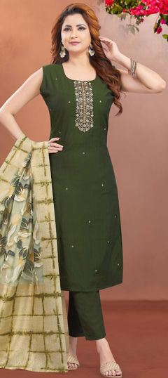 Festive, Party Wear Green color Salwar Kameez in Silk fabric with Straight Embroidered, Resham, Thread, Zari work : 1965803