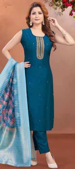 Festive, Party Wear Blue color Salwar Kameez in Silk fabric with Straight Embroidered, Resham, Thread, Zari work : 1965805