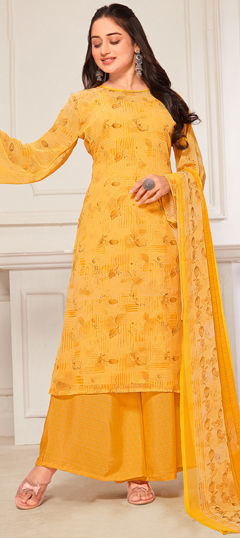 Yellow color Salwar Kameez in Georgette fabric with Digital Print, Floral work
