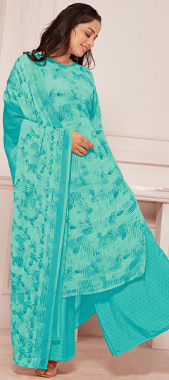 Green color Salwar Kameez in Georgette fabric with Digital Print, Floral work