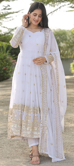 Festive, Reception White and Off White color Salwar Kameez in Georgette fabric with Anarkali Embroidered, Sequence, Thread work : 1965865