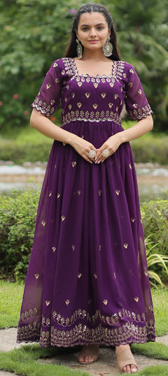 Purple and Violet color Gown in Georgette fabric with Embroidered, Sequence, Thread, Zari work