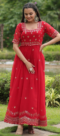 Red and Maroon color Gown in Georgette fabric with Embroidered, Sequence, Thread, Zari work