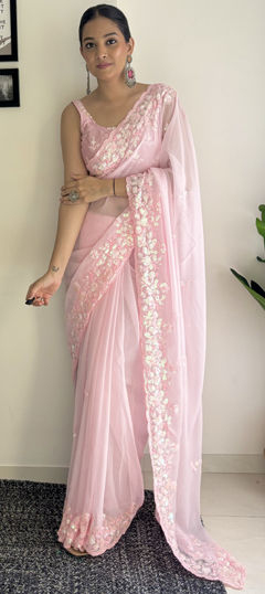 Festive, Reception Pink and Majenta color Saree in Georgette fabric with Classic Embroidered, Sequence work : 1965909