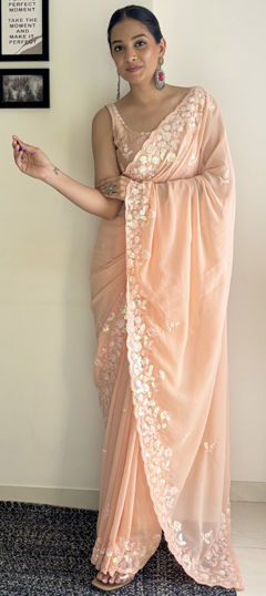 Festive, Reception Pink and Majenta color Saree in Georgette fabric with Classic Embroidered, Sequence work : 1965910