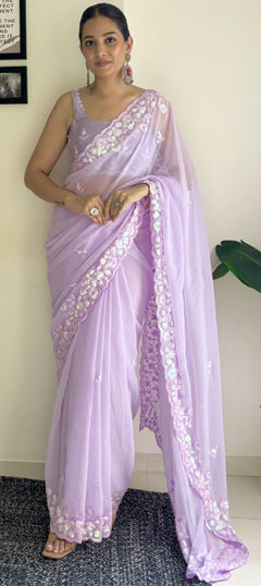 Festive, Reception Purple and Violet color Saree in Georgette fabric with Classic Embroidered, Sequence work : 1965911