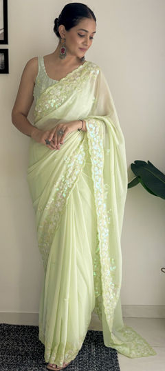 Festive, Reception Green color Saree in Georgette fabric with Classic Embroidered, Sequence work : 1965912