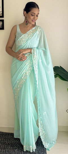 Festive, Reception Blue color Saree in Georgette fabric with Classic Embroidered, Sequence work : 1965913