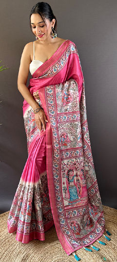 Festive, Traditional Pink and Majenta color Saree in Tussar Silk fabric with South Digital Print, Weaving work : 1965916