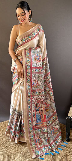 Festive, Traditional Beige and Brown color Saree in Tussar Silk fabric with South Digital Print, Weaving work : 1965919