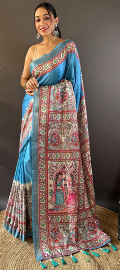 Festive, Traditional Blue color Saree in Tussar Silk fabric with South Digital Print, Weaving work : 1965921