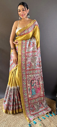 Festive, Traditional Gold color Saree in Tussar Silk fabric with South Digital Print, Weaving work : 1965922