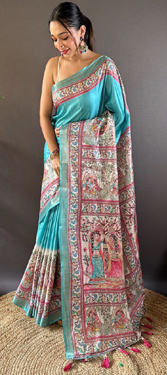 Festive, Traditional Green color Saree in Tussar Silk fabric with South Digital Print, Weaving work : 1965923