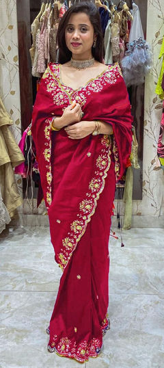 Festive, Traditional, Wedding Red and Maroon color Saree in Silk fabric with South Embroidered, Sequence, Thread, Zari work : 1965934